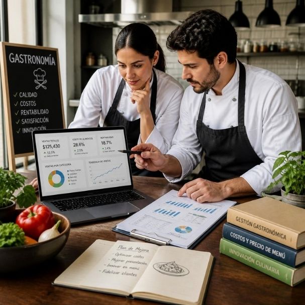 personas de negocio gastronómico analizando metricas